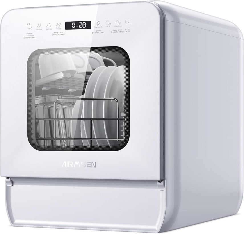 AIRMSEN Mini lavavajillas de comptoir con depósito d’eau y liquide de rinçage, 9 programmes, 37 × 50 cm, format ultra-étroit, minuterie 1-24 h