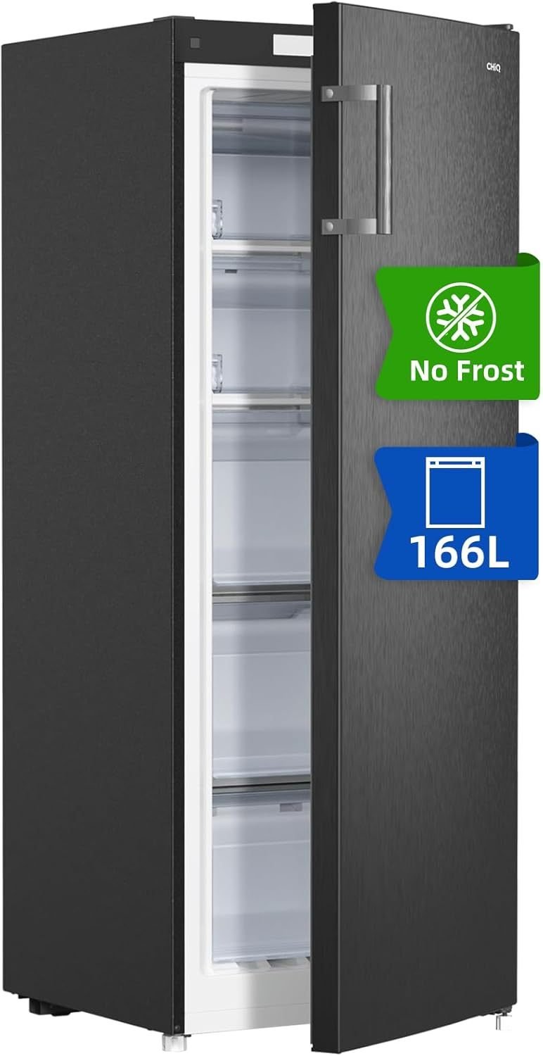 CHiQ FSD166NE4E Congélateur armario 166 L – No Frost, puerta réversible, acero inoxidable negro, altura 144 cm