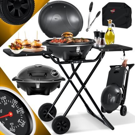 KESSER barbacoa eléctrico 2-en-1 mesa/sur pie – Jusqu’à 2400 W, plegable, termostato, revêtement antiadhésif, placa, mesattes y 2 ruedas