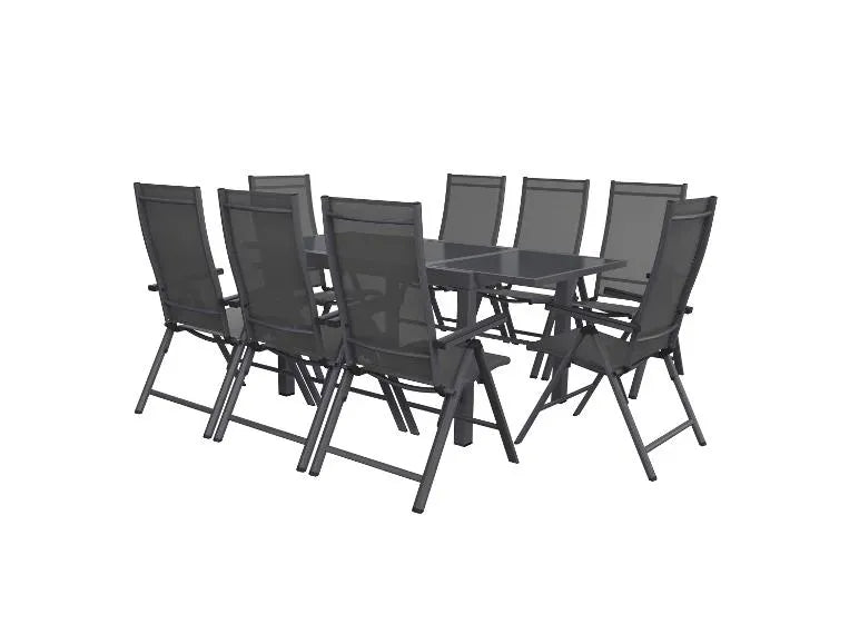 conjunto de jardín aluminio Hoston 9 piezas – mesa extensible y 8 fauteuils dossier haut, gris
