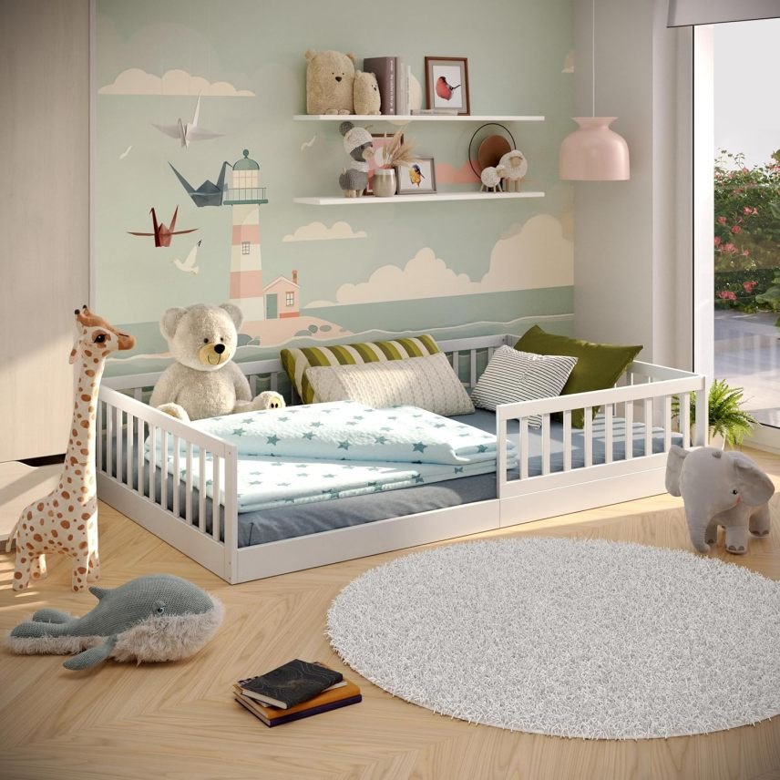 CADANI Timi cama au sol Montessori 2-en-1 140 × 200 cm – cama niño en pino massif con barrière anti-chute amovible y sommier à lattes, blanco