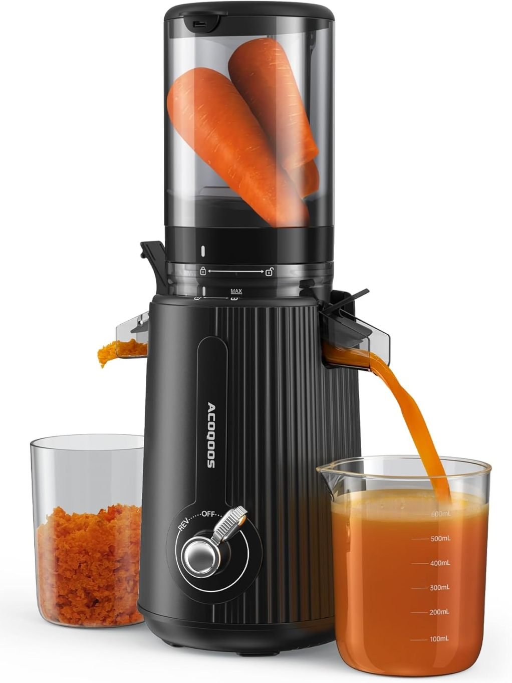 ACOQOOS Extracteur de jus lent para fruits y légumes, grandee overdeure 110 mm, facile à nytoyer, 2 récipients, negro