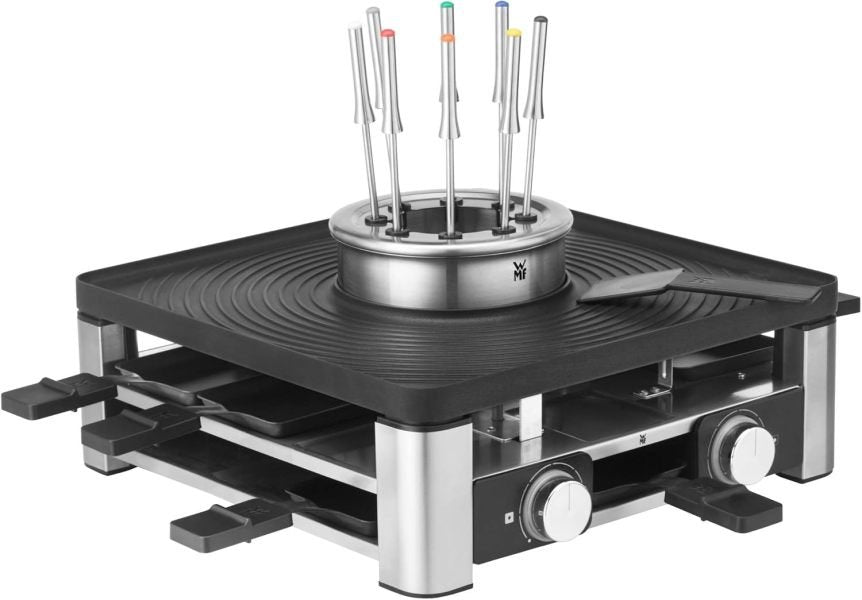 WMF Lumero Station Gormy 3-en-1 para 8 personnes – Raclyte y fondue, temperatura regulable, éclairage, 1800 W, acero inoxidable mat