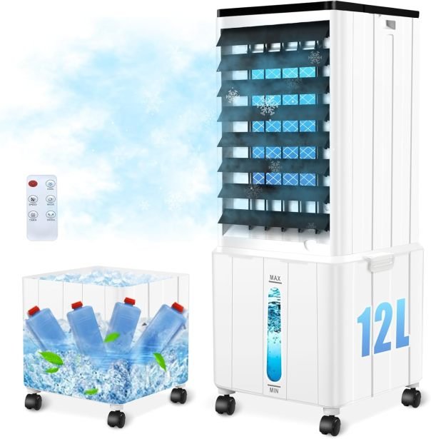 Rafraîchisseur d’air sin gaine 12 L 60 W – Minuterie 12 h, 3 modes, 40 dB, oscillation 120°, depósito amovible, mando a distancia, silencioso
