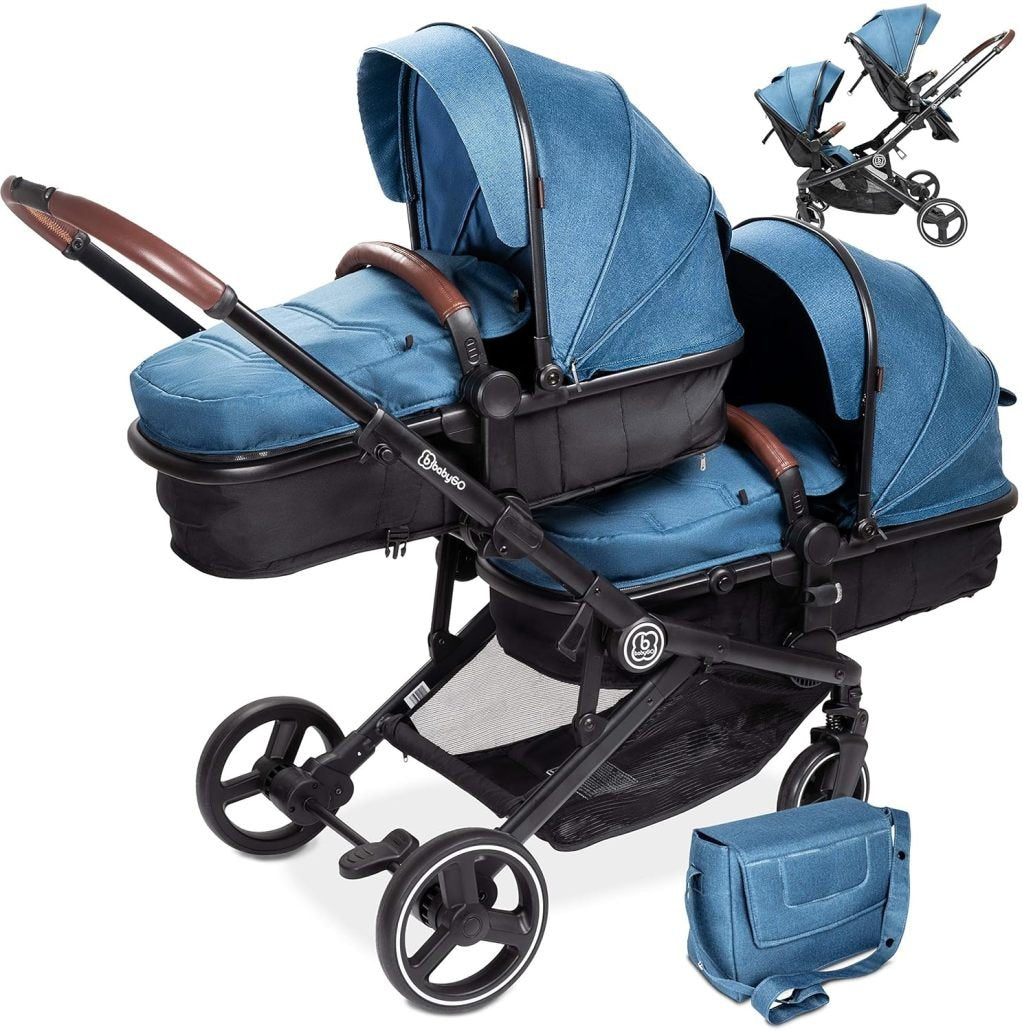babyGO cochecito doble 3-en-1 para jumeaux/fratrie – para 2 niños con nombreux accessoires, azul chiné, sin coque auto