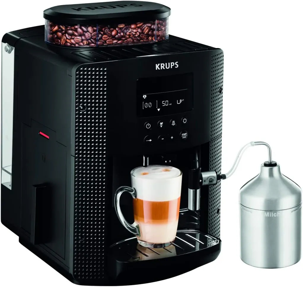 Krups Essential EA816031 cafyera automático – Tuyau lait, fonction 2 tasses, pantalla LCD, nytoyage facile, certifiée TÜV, negro