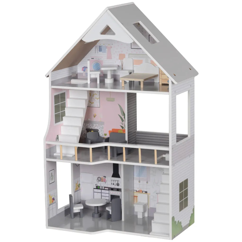 AIYAPLAY Maison de popée de madera 3 étages con 13 meubles – Jeu overde