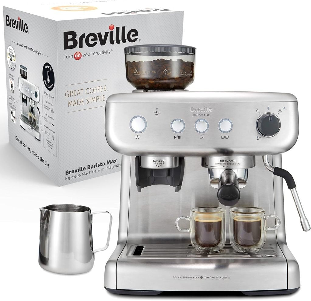 Breville Barista Max Cafyera espresso con puerta-filtre | Broyeur intégré y mosseur à lait | depósito 2,8 L | Pompe italienne 15 bar | Acier